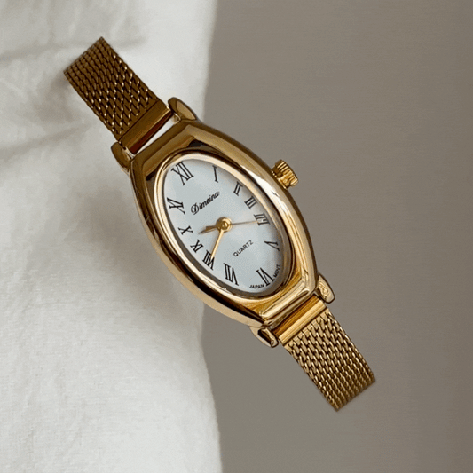 Gold Women Oval Dial Watch Mesh Strap White Face Quartz Vintage Exquisite Style – Doré