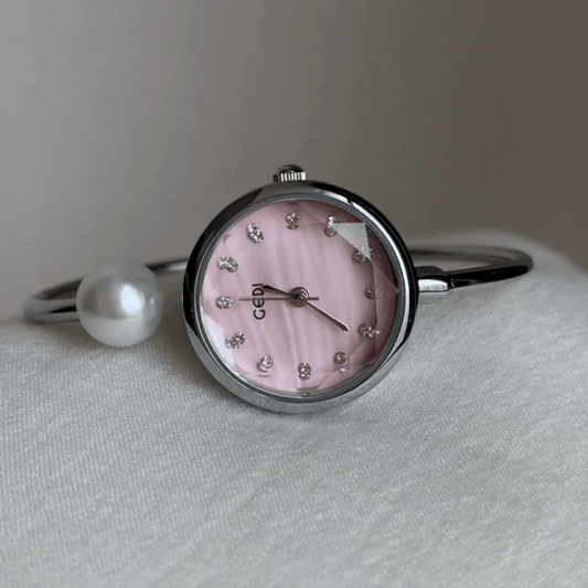 Women's Quartz Watch – Pink Mother-of-Pearl Round Dial with Pearl Bracelet Design