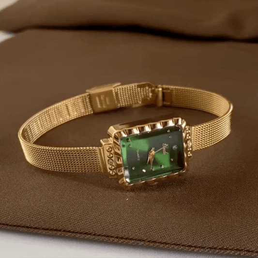 Gold Women’s Thin Strap Rectangular Green Dial Quartz Watch French Vintage Style – Vert Élégance