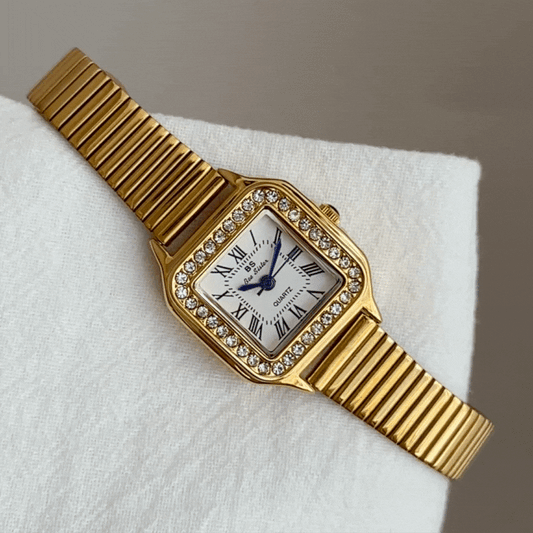 Elegant Women’s Quartz Watch – Gold Stainless Steel Bamboo Bracelet with Diamond-Accented White Square Dial