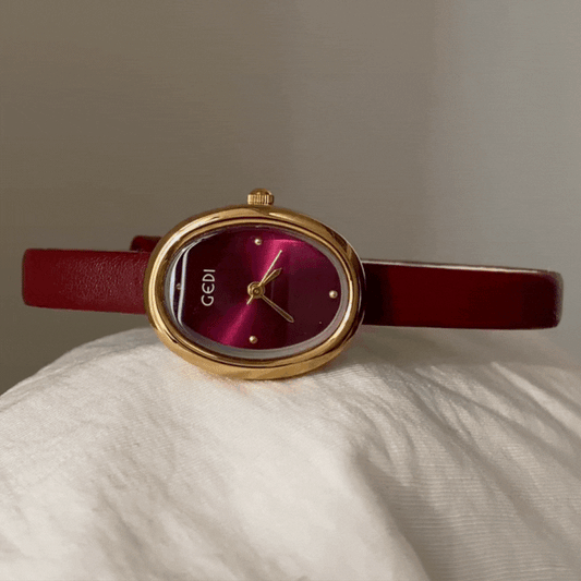 Red Women Oval Dial Watch Genuine Leather Slim Strap Gold Case Quartz French Vintage – Amour