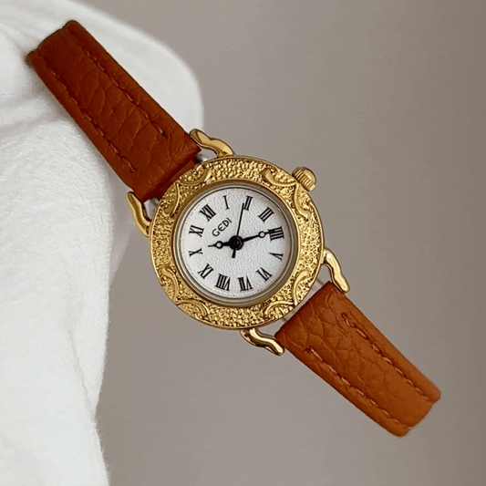 French Elegant Women’s Quartz Watch – Small White Dial with Brown Embossed Leather Strap and Gold Case