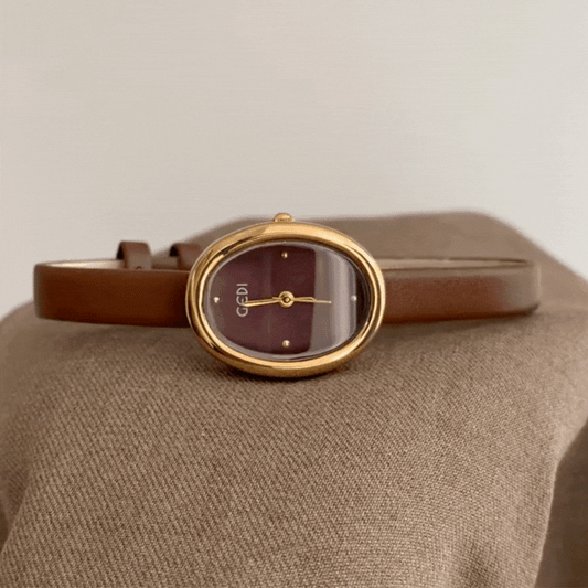 Brown Women Oval Dial Watch Genuine Leather Slim Strap Gold Case Quartz French Vintage – Charmant