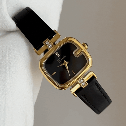 Minimalist Women’s Quartz Watch – Small Square Dial with Black Leather Strap and Gold Frame