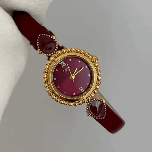 Red Women’s Watch – Vintage Round Dial Quartz Watch with Gold Case & Leather Strap | Amour