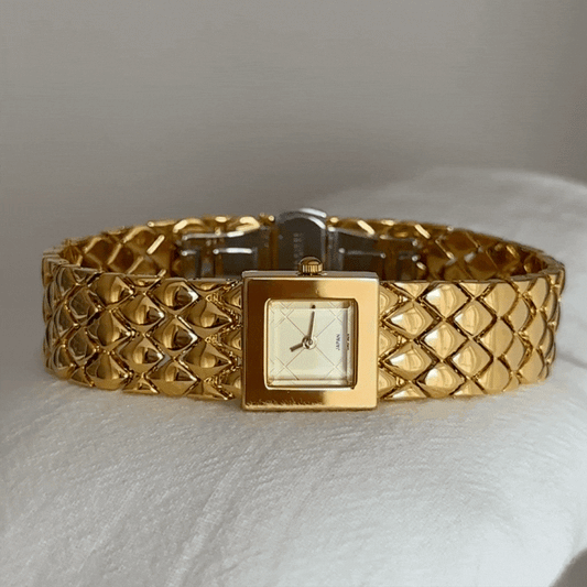 Fashion Women’s Quartz Watch – Gold Square Dial with Geometric Stainless Steel Band, Minimalist Elegant Design
