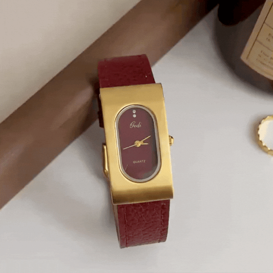 Crimson Luxe Timepiece: Ancona Red Leather & Steel Rectangular Watch