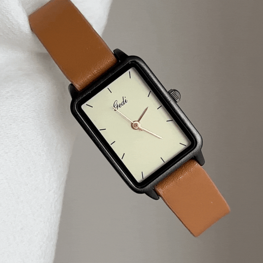 Minimalist Women’s Quartz Watch – Small Rectangular White Dial with Brown Leather Strap and Black Case
