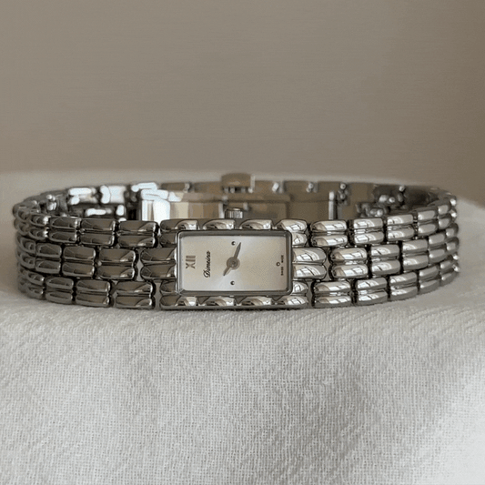 Silver Women Rectangular Dial Watch Strap White Face Quartz Minimalist Style – Alba