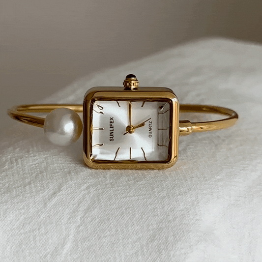 Gold Women Rectangular Dial Watch Pearl Inlay Bangle Style White Face Quartz French Exquisite – Bijou
