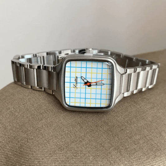 Montre à quartz pour femme avec bracelet en argent – Cadran écossais bleu et jaune, chic et unique