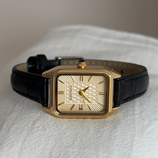 Vintage Elegant Black Watch - Rectangular Gold Dial &Genuine Leather Strap