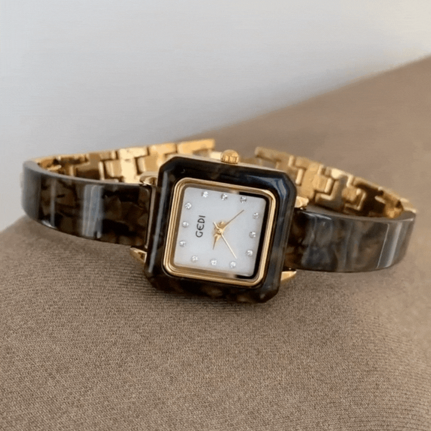 Montre à quartz pour femme, bracelet ambre marron et cadran carré