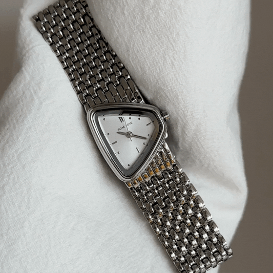 Silver Women Triangle Dial Watch Wide Strap Quartz Minimalist Style – Aster
