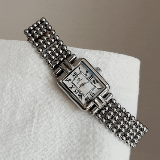 French Retro Romantic Silver Beaded Bracelet Watch with White Rectangle Roman Dial for Women - Versailles Pearl