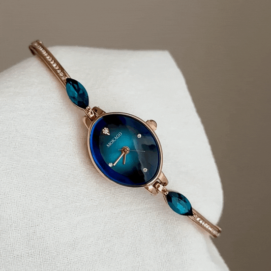 Rose Gold Women’s Slim Diamond Strap Blue Oval Gem Dial Quartz Watch Luxury Elegant Style – Sapphire Grace