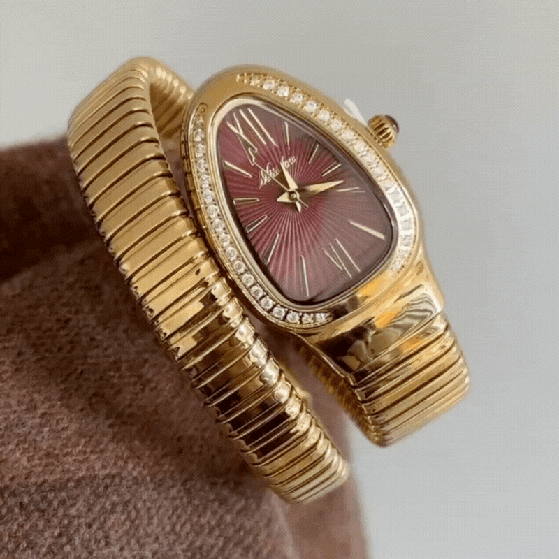Golden Serpent Bracelet Watch – Red Dial Diamond Snake Head  display picture 2