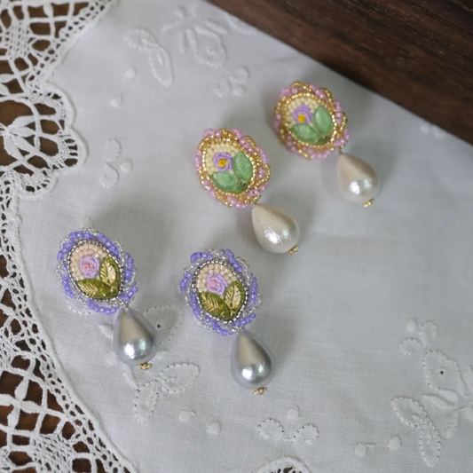 “Mirror Blossom” Embroidered Rose Earrings