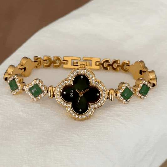 Elegant Clover Black Dial Gold Diamond Bezel Watch with Alloy Strap and Quartz