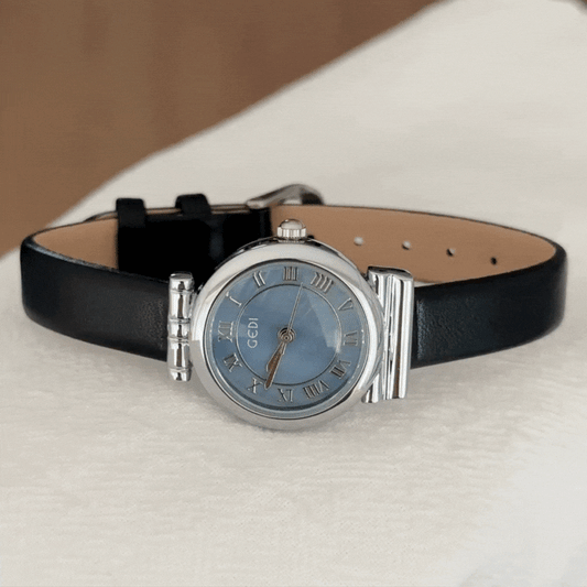 Chic Blue Mother-of-Pearl Silver Case Black Microfiber Leather Quartz Watch