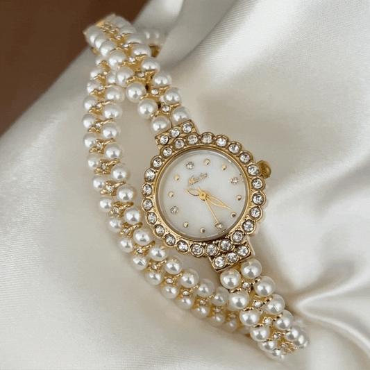 Elegant Women's Pearl & Crystal White Round Dial Gold Bezel Watch with Wrapped Pearl Bracelet | Quartz Movement