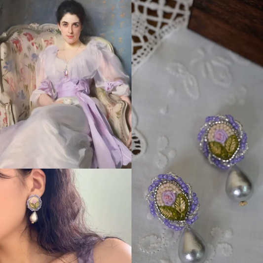 “Mirror Blossom” Embroidered Rose Earrings