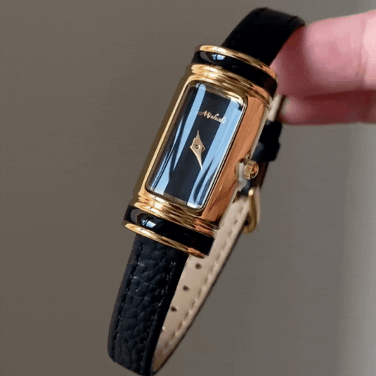 Elegant Refine – Women’s Black Leather Strap Gold Rectangular Case Small Black Dial Quartz Watch