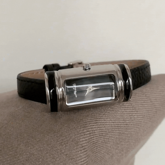 Elegant Noir – Women’s Black Leather Strap Silver Rectangular Quartz Watch