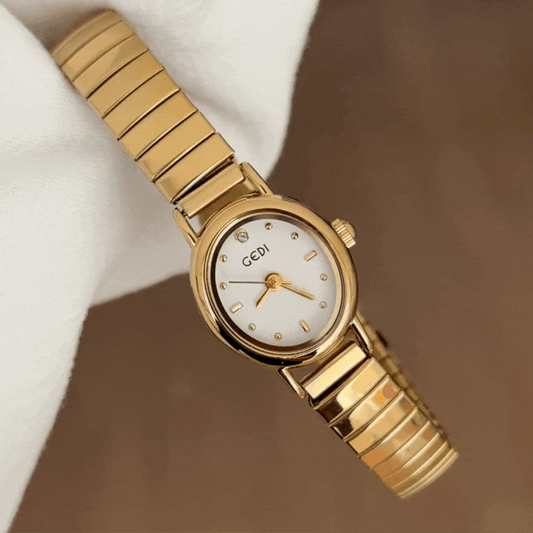 Classic Retro Oval White Dial Gold-Tone Case Stainless Steel Band Quartz Wristwatch