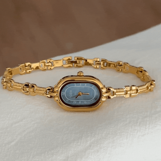 Minimalist Elegant Oval Blue Dial Gold-Tone Alloy Bracelet Quartz Watch