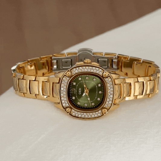 White Gemstone Bezel Retro Watch with Green Dial and Gold-Tone Bracelet