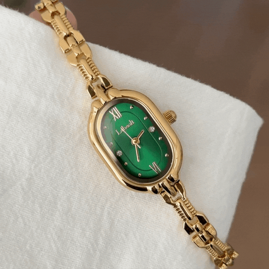 Classic Oval Green Dial Gold-Tone Watch with Matching Bracelet Quartz Watch