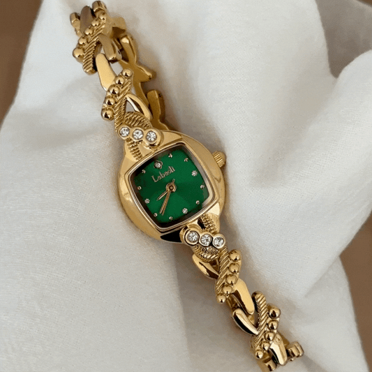 Vintage Square Green Dial Watch with Gold-Tone Case & Ornamental Vine-Inspired Alloy Bracelet