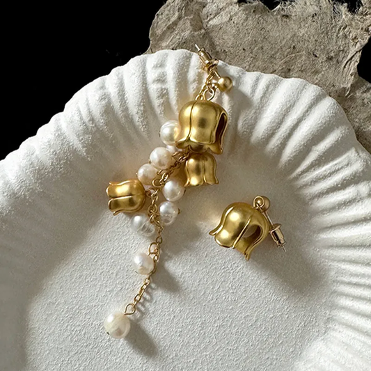 French Vintage Lily of the Valley Pearl Earrings – Asymmetric Design, S925 Silver Post, Freshwater Pearl & 18K Gold-Plated Brass