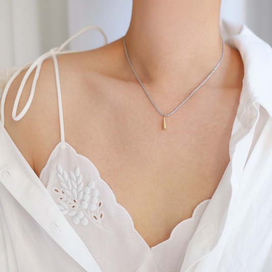 Minimalist Long Teardrop Geometric Necklace – Two-Tone Gold & Silver Edelweiss Pendant, Titanium Steel Gold-Plated Jewelry