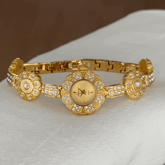 Vintage Floral Watch with Gold Dial, Diamond-Studded Frame & Alloy Bracelet
