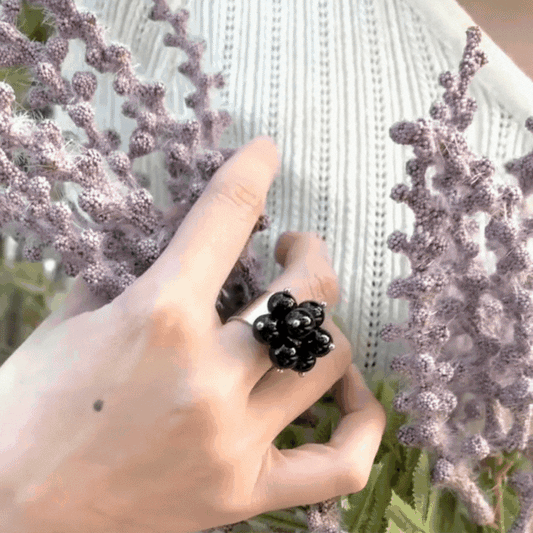 Handmade Black Gemstone Beaded Ring – Silver Adjustable Open Ring with Floral Cluster Design