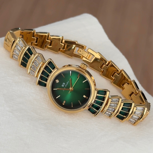 Elegant Round Green Dial Gold-Tone Case Diamond-Accented Alloy Bracelet Quartz Watch