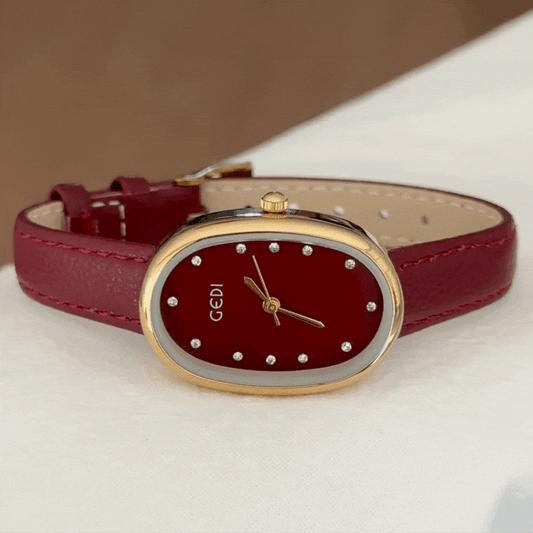 Elegant Red Mother-of-Pearl Oval Dial Gold-Tone Case Microfiber Leather Strap Quartz Watch