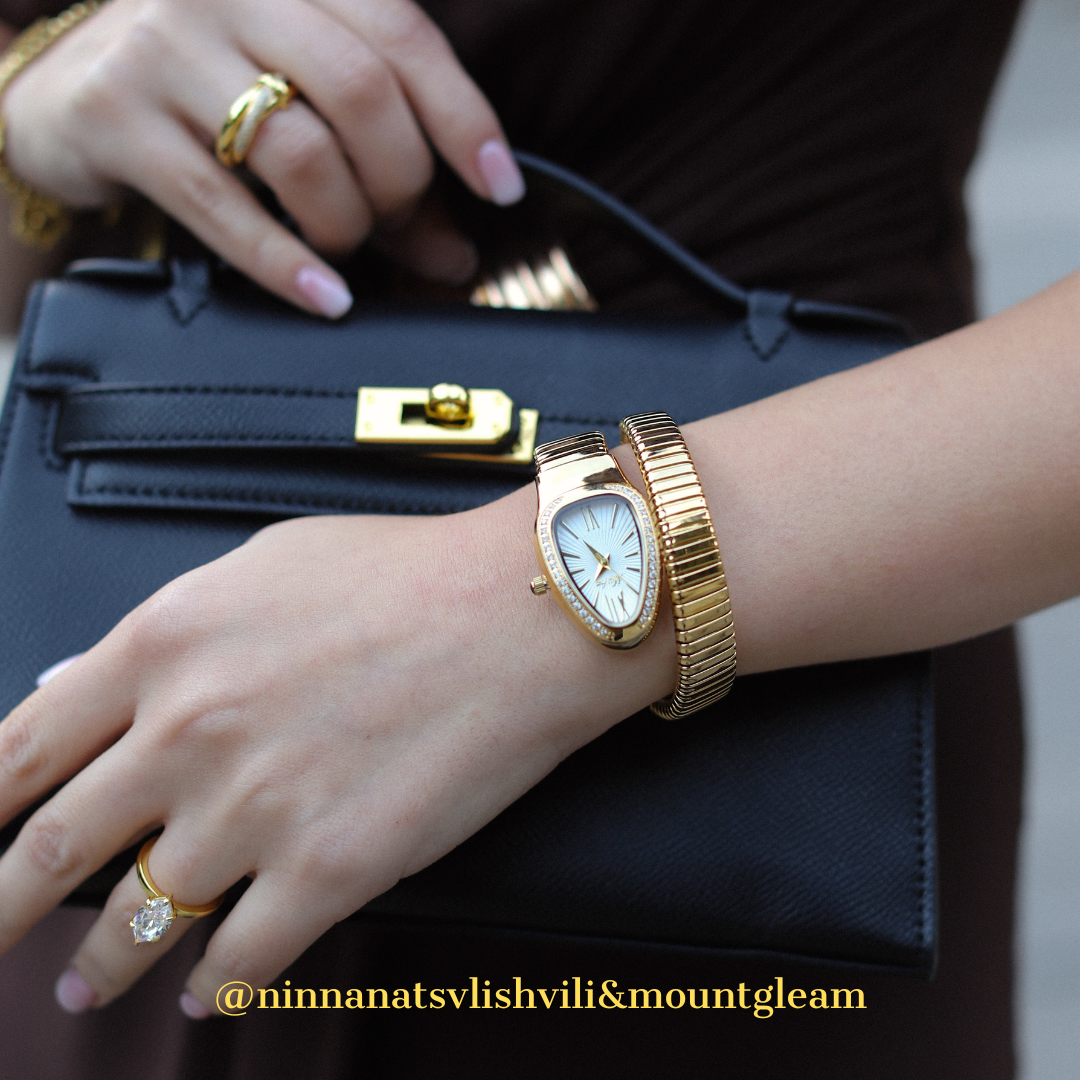 Luxury-inspired Gold Snake Head Bangle Watch – White Serpenti Dial