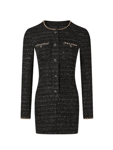 Luxury Tweed Mini Dress with Shoulder Pads & Contrast Trim | Black & Gold