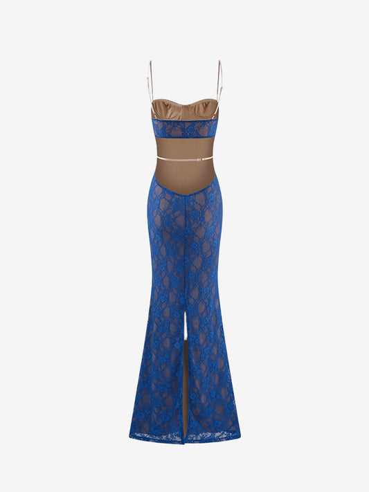 Electric Sapphire Lace Mermaid Gown | Open-Back Resort & Birthday Maxi Dress