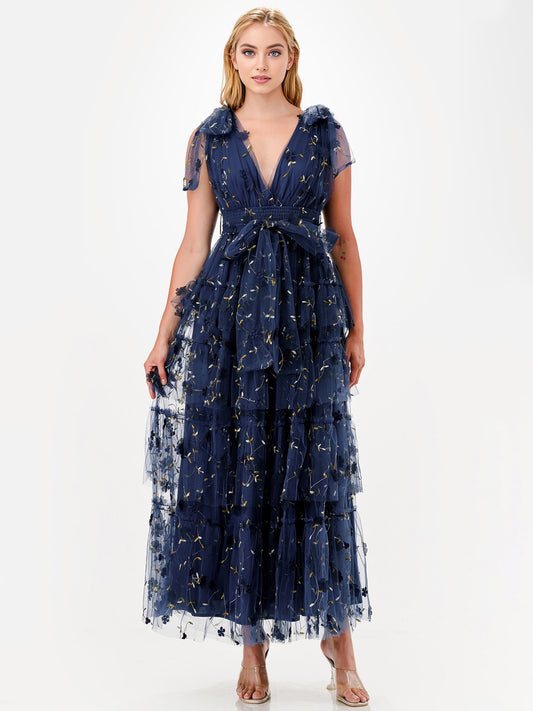 3D Floral Applique Tulle Tiered Maxi Dress