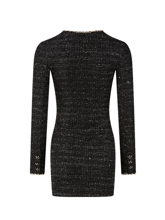 Luxury Tweed Mini Dress with Shoulder Pads & Contrast Trim | Black & Gold