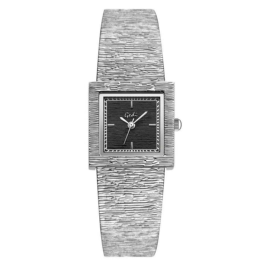 Monochrome Edge：Black Square Dial Watch – Silver Square Case & Silver Stainless Steel Band Quartz