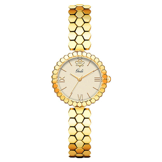 Golden Hive – Honeycomb Bracelet Watch with Round Gold Dial
