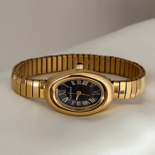 Gold Stretch Bracelet Women’s Quartz Watch – Mini Black Oval Dial