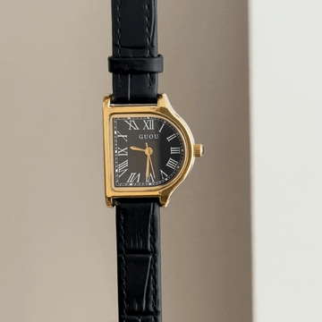 D-Shape Dial Watch with Gold Bezel & Black Genuine Leather Strap