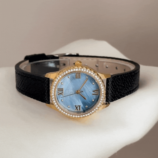 Luxury Blue Mother-of-Pearl Watch: Diamond Bezel & Black Genuine Leather Strap