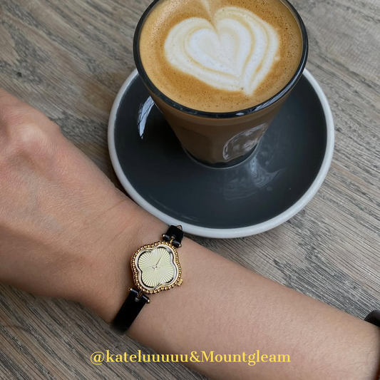 Lucky Clover Gold Dial Black Leather Women's Quartz Watch